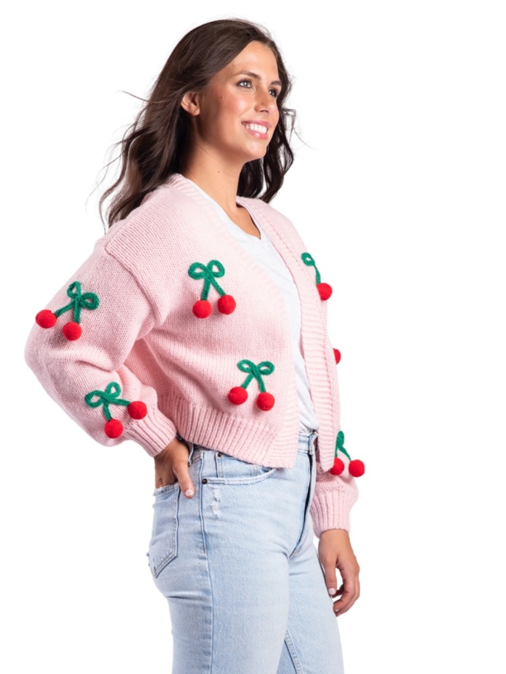 Pink Cherry Pom Cardigan Sweater